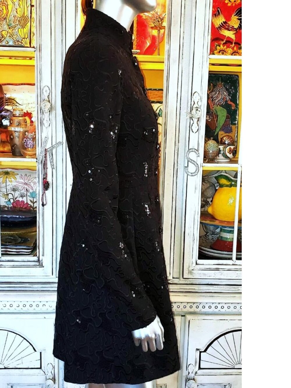 Betsey Johnson Vintage Y2K Black Embroidered Sequin Midi Coat Evening Jacket S - Picture 8 of 16